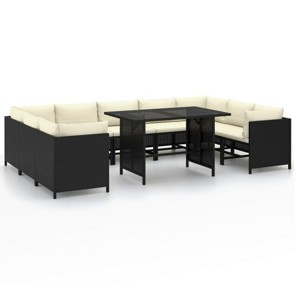 10pc Outdoor Sofa Set, White Cushions, 9 Modular Chairs, Table, Black
