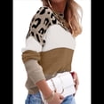 thumbnail image 2 of Suéter de Rayas con Estampado de Leopardo para Mujer, Cuello Redondo, Larga, Tejido con Bloques de Color Marrón Oscuro M, 2 of 5
