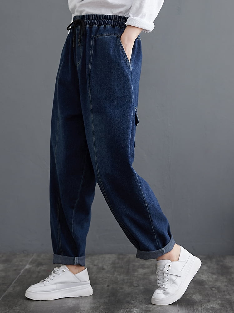 Women Denim Pants with Pockets Elastic 