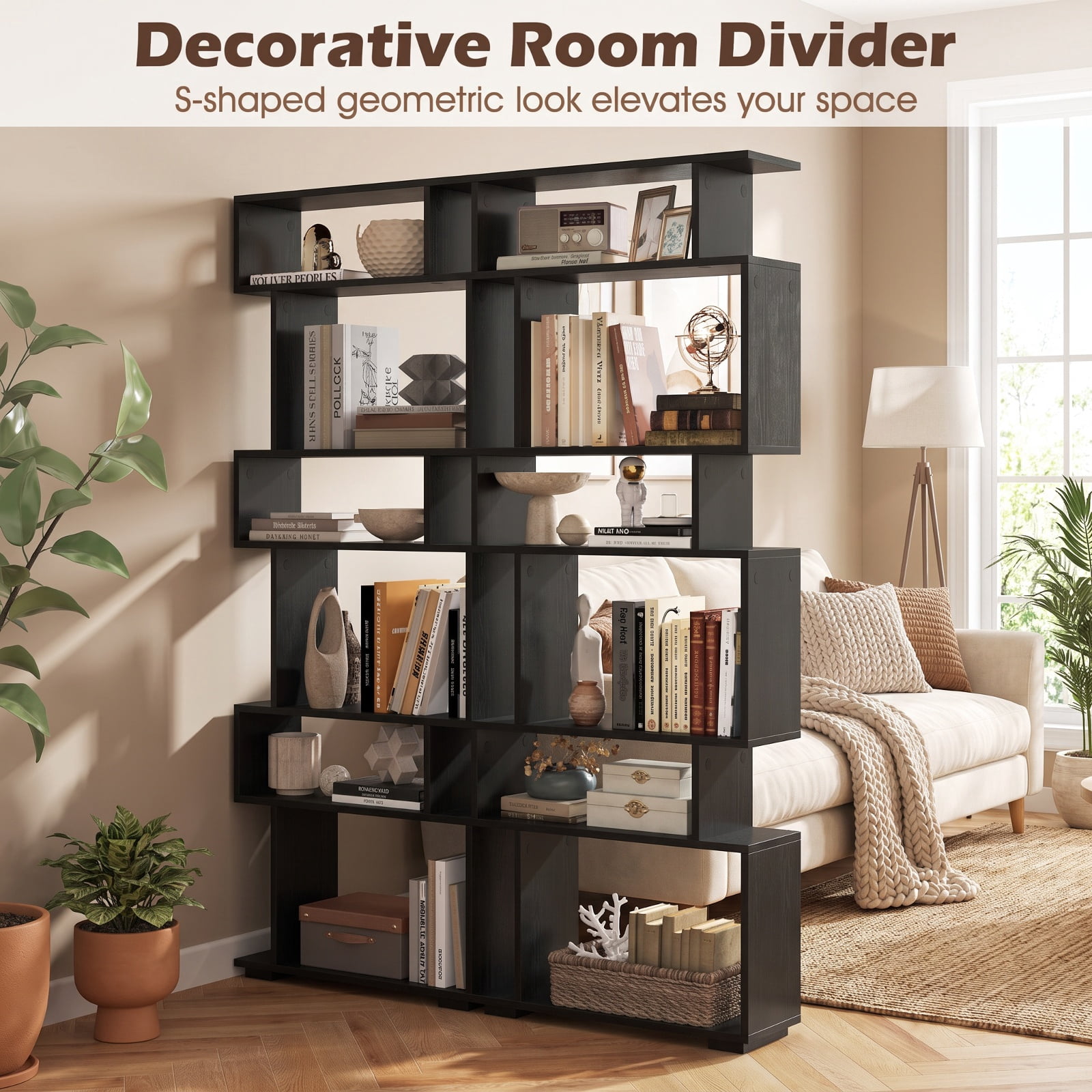 Furnibear 6-Tier Geometric Bookshelf with 2 Anti-Tipping Kits for Home Office for Living Room Home Office Bedroom Display Storage Shelf, Black
