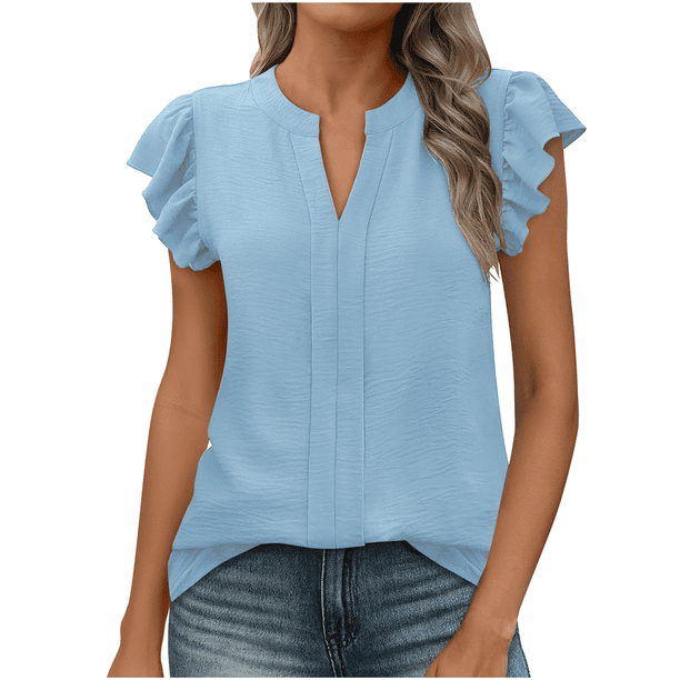 Camiseta de Corta con Cuello en V y Mangas de Hoja de para Mujer, Color Azul , Talla XXL