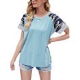 thumbnail image 2 of Mujeres cuello redondo Top manga corta camisa rayas empalme impreso Top verano causal blusa, 2 of 6