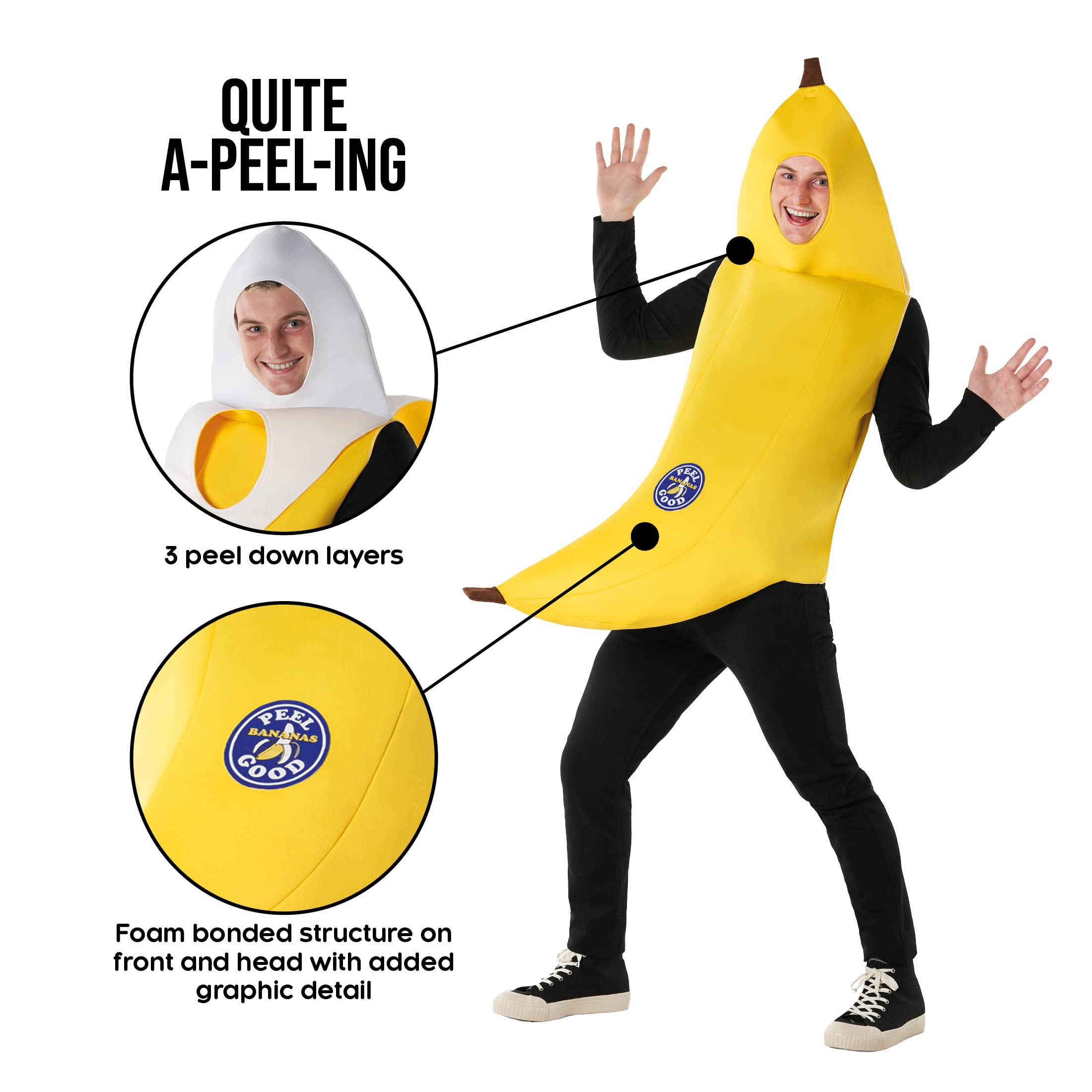Morph Adult Banana Costume Mens Womens Peeling Banana Suit Funny Fruit Halloween Yellow Standard - image 2 of 6