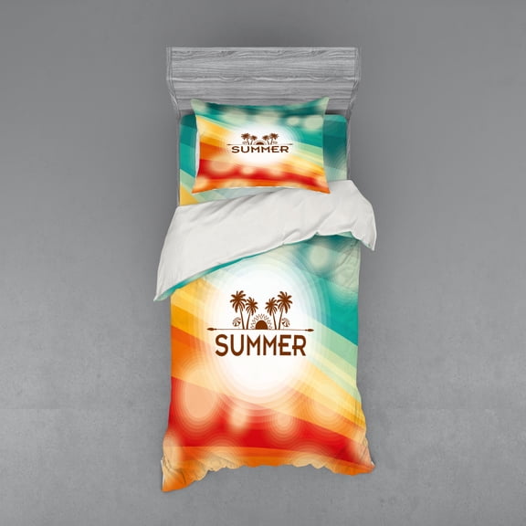 Ambesonne Tropical Bedding Set 3 Pcs, Palm Tree Sun Holiday, Twin, Orange Scarlet Teal