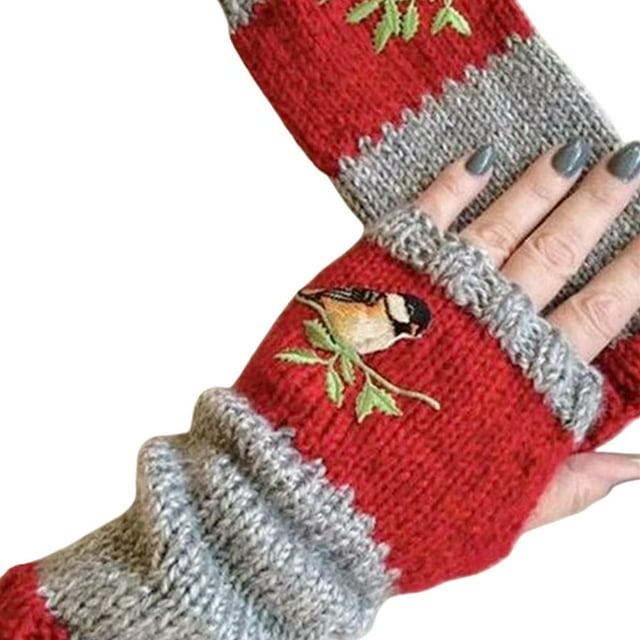 MesaSe Women Autumn Winter Bird Embroidered Gloves Knit Fingerless Color Block Mitten
