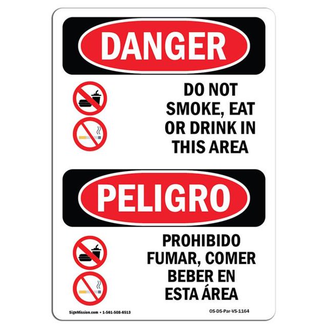 SignMission OS-DS-A-1218-VS-1164 12 x 18 Po Signe de Danger OSHA - Ne Pas Fumer Boire Manger dans la Zone Bilingue