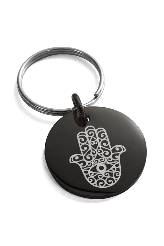 Stainless Steel Filigree Hamsa Hand of Fatima Engraved Small Medallion Circle Charm Keychain Keyring