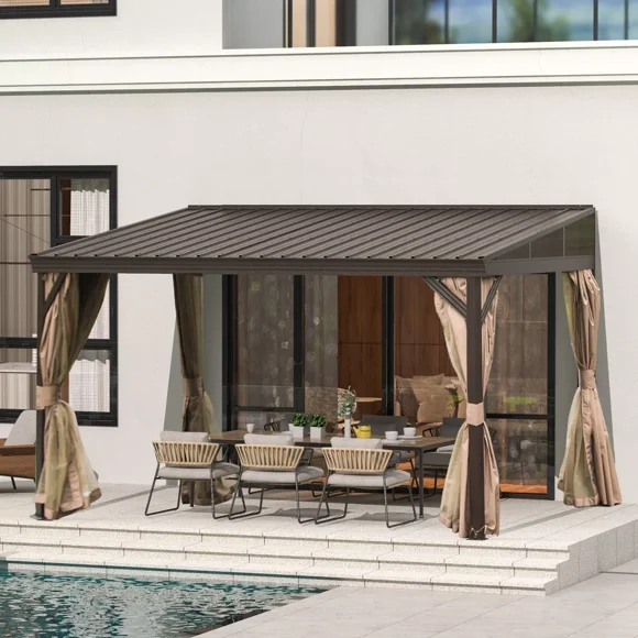Domi Outdoor Living 10x12FT Hardtop Lean-to Gazebo, Wall-Mounted with Galvanized Steel Roof Wall Pergola with Aluminum Frame, Curtains and Netting, for Patio, Deck, Garden, Backyard