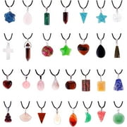 Keyzone Mix Random 60pcs Artificial Glass Stone Pendants Charms Wholesale Lots Heart Quartz Chakra Crystal Stone Beads Necklace Jewelry Findings with Leather Cord