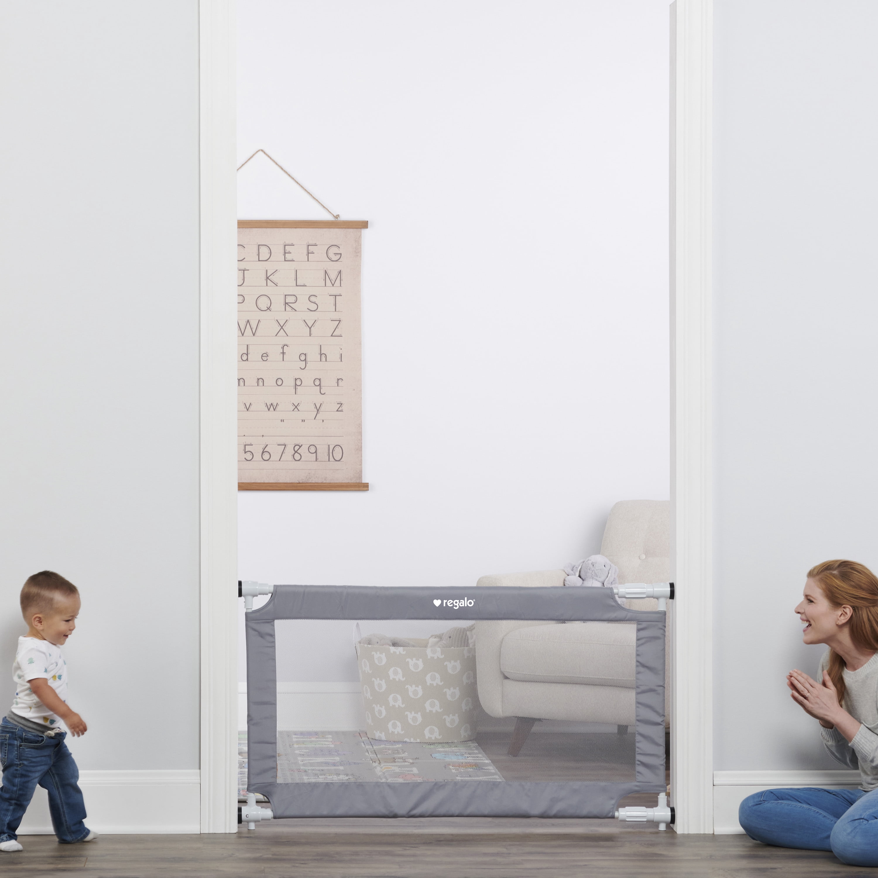 Regalo 50" Expandable Mesh Baby & Pet Safety Gate – Gray Pressure‑Mounted Gate for Doorway or Hallway, Fits 27.5–50 in Openings