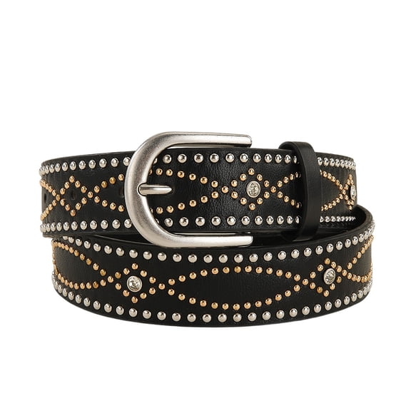 SWSMCLT Women's Faux Leather Adjustable Belts Fashion Studded Belt Metal Buckle Travel Medium Beaded Summer Black X-Small-Large