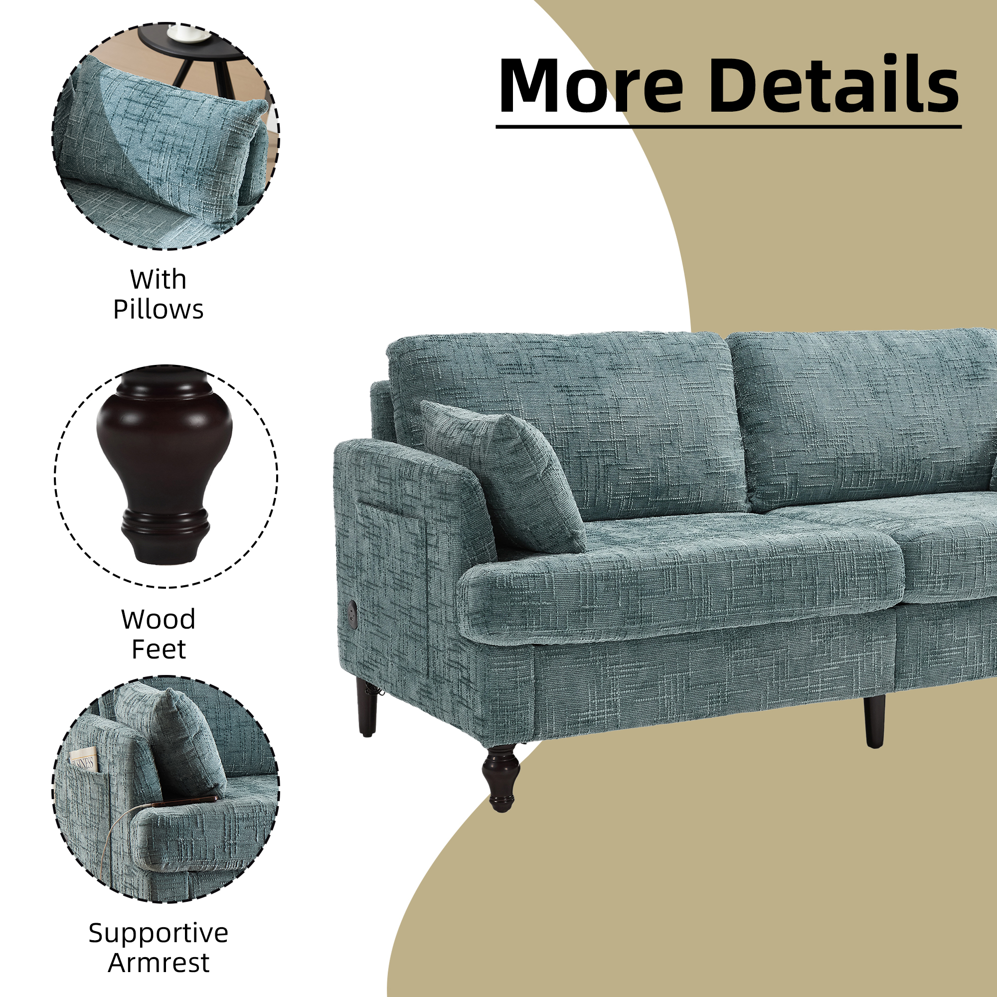 MOONMISS Chenille Upholstered Mid Century Modern Wood Frame Loveseats Sofa with LED light,USB and Side Pocket-Lake Blue