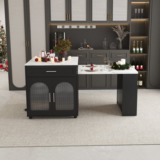 80-inch Expandable Kitchen Island with Dining Table, Marble-Grain Countertop with Power Outlet, Mobile Storage Cart with Cabinet & 2 Drawers, Kitchen Prep Table (Black)