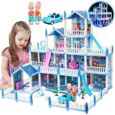 Anpro 4 Stories 14 Rooms Dollhouse for Kids, Princess Dollhouse with Asseccories & Furniture, Pretend Doll House Play Set Toy Age 3  Toddlers Girls, Blue