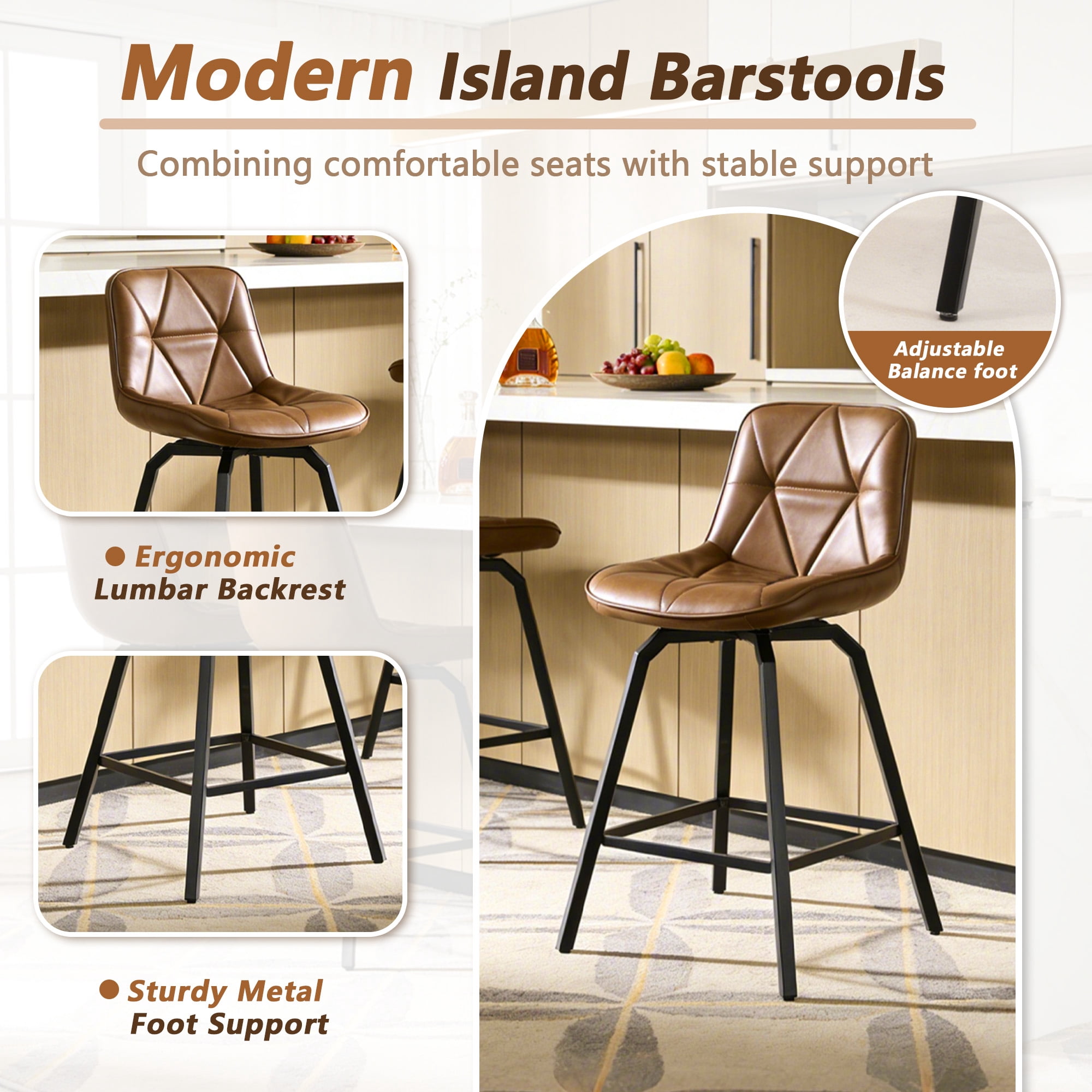 Fancrou 26″ Swivel Counter Height Bar Stools Set Of 3, Triangular Pattern Faux Leather Seat With Metal Legs And Back, Darkbrown