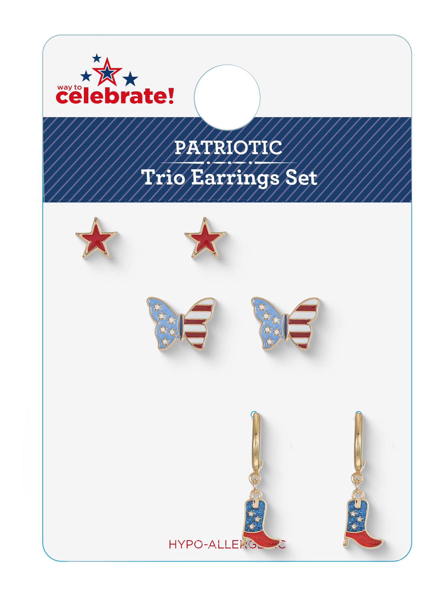 Way to Celebrate Americana Patriotic Star, Butterfly, and Boot Earring Trio