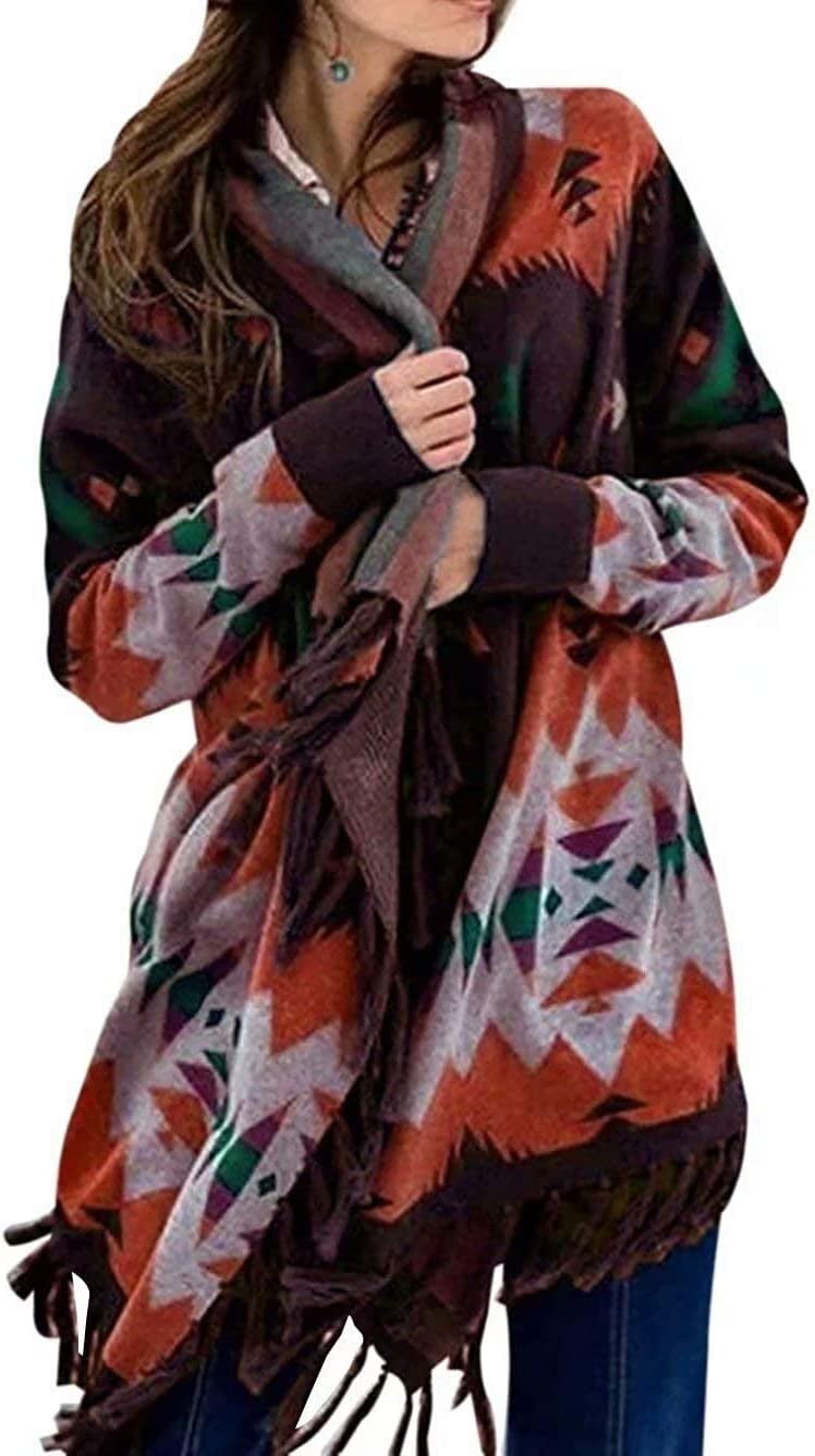 CoCopeaunt Womens Ethinc Boho Cardigan Coat Long Open Front Mid-Length Wool  Coat Sweater Aztec Tribal Tassel Fringe Thin Coat 