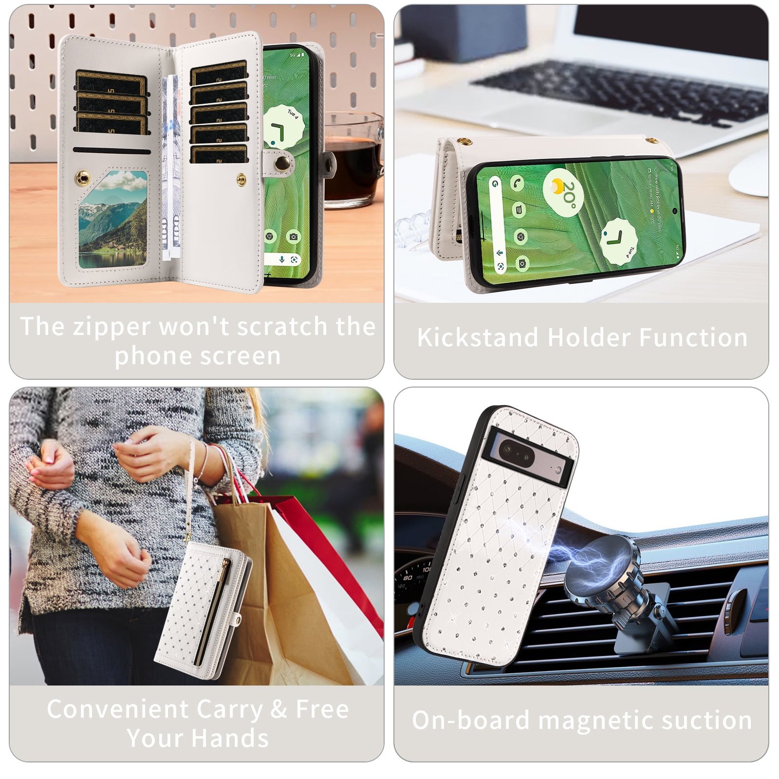 Asuwish Phone Case for Google Pixel 7 5G Zipper Wallet Detachable Cell Cover with Tempered Glass Screen Protector Crossbody Lanyard Strap Bling Glitter Flip Card Holder Slot Pixel7 Pixle Seven White
