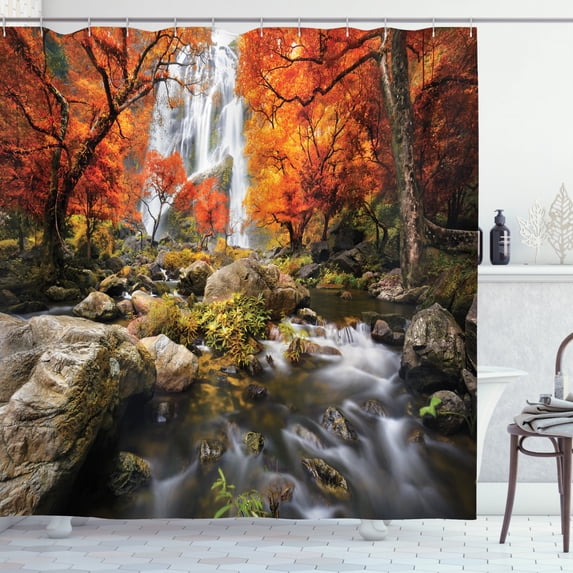 Ambesonne Jungle Shower Curtain, Autumn River Stream on Rocks, 69"Wx75"L, Brown Orange