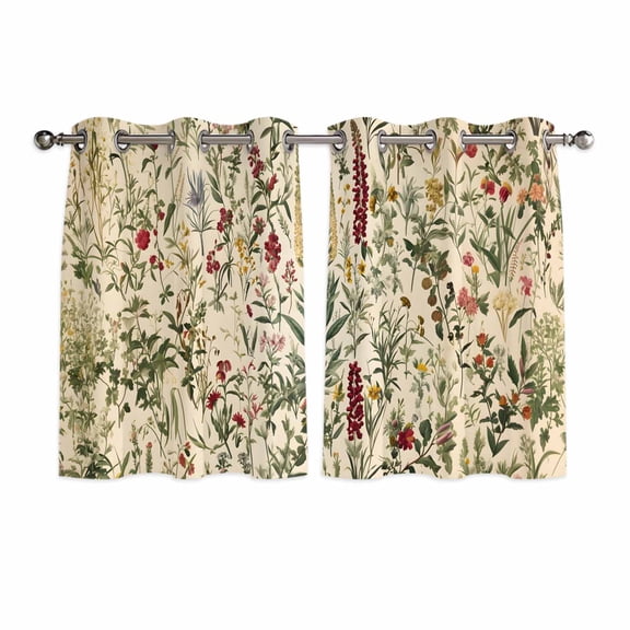Vintage Plant Kitchen Curtains Short 45 Inch Length, Boho Botanical Flowers Green Leaf Ferns Grommet Top Bedroom Living Room Curtains, Light Filtering Cafe Curtain Drapes 2 Panels Set 84''x45''