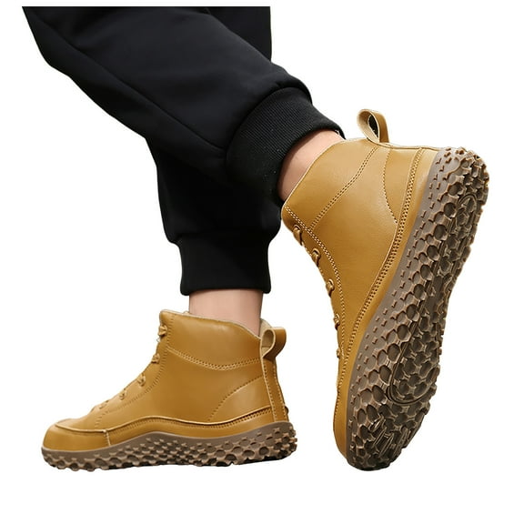 Mens Snow Boots Lace up Comfy Platform Nonslip Soft Sole Splice Leather Winter Outdoor Casual Athletic Booties Sneakers Yellow 10