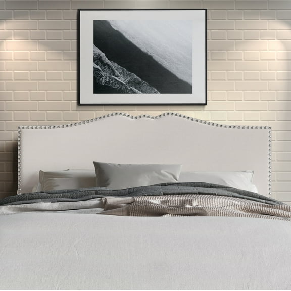 Castle Place Curved Upholstered Nailhead Trim Linen Headboard, Warm Grey, Queen