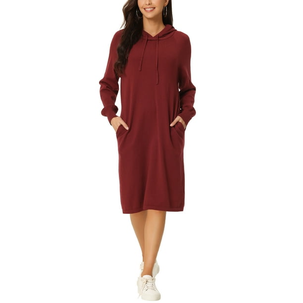 INSPIRAR CHIC Sudadera Casual para Mujeres con Capucha de Manga Larga Vestido Midi con Bolsillos XL Rojo