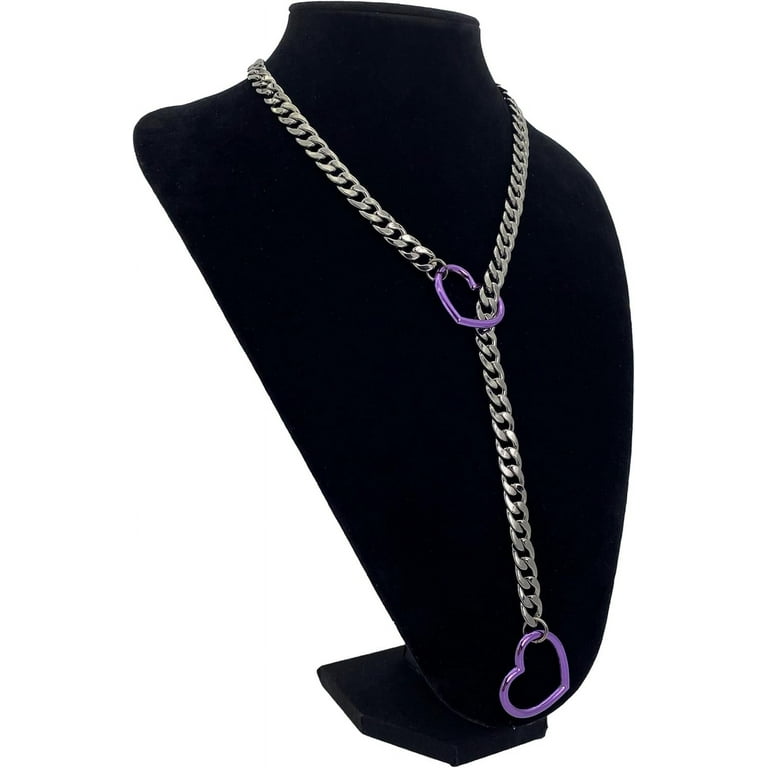 【BLACKPURPLE】Heart Crystal Cuban Chain Necklace Woman Slip Chain Necklace for Women, Black Heart O-Ring, Cuban