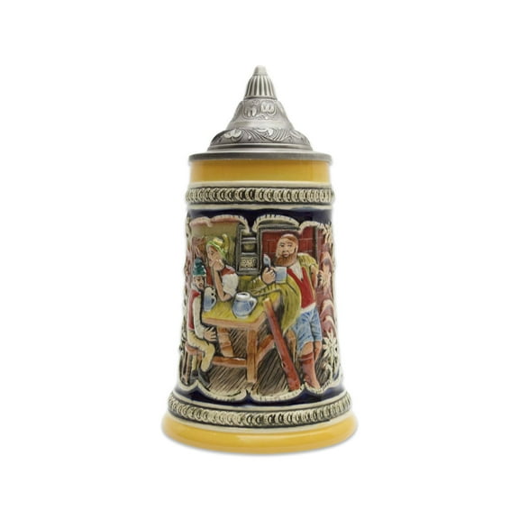 Oktoberfest Haus German Alpine Multicolor Ceramic Pub Engraved Beer Stein with Metal Lid 0.75 Ltr