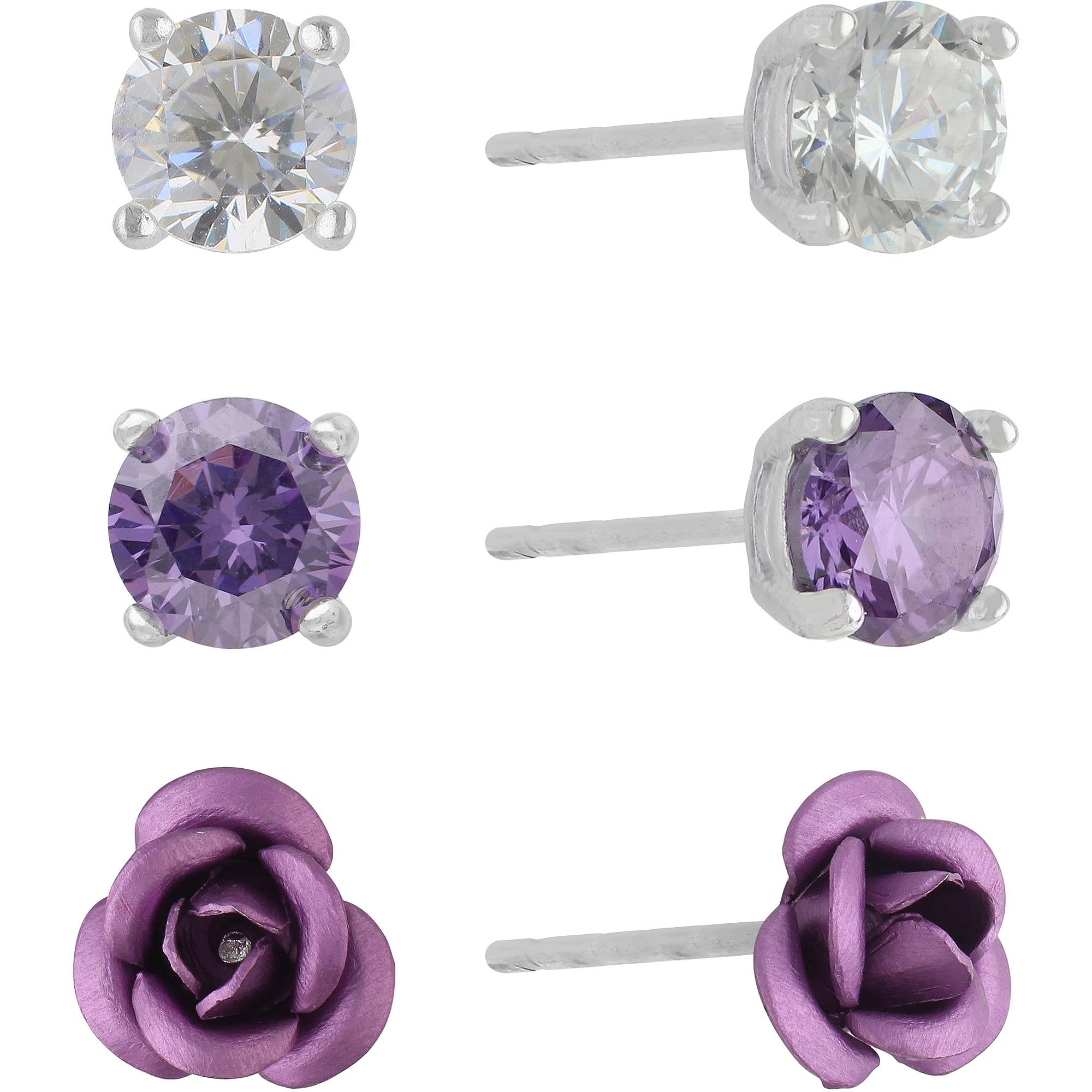 Brilliance Fine Jewelry Sterling Silver Simulated Diamond Purple and Clear Trio Ear Set