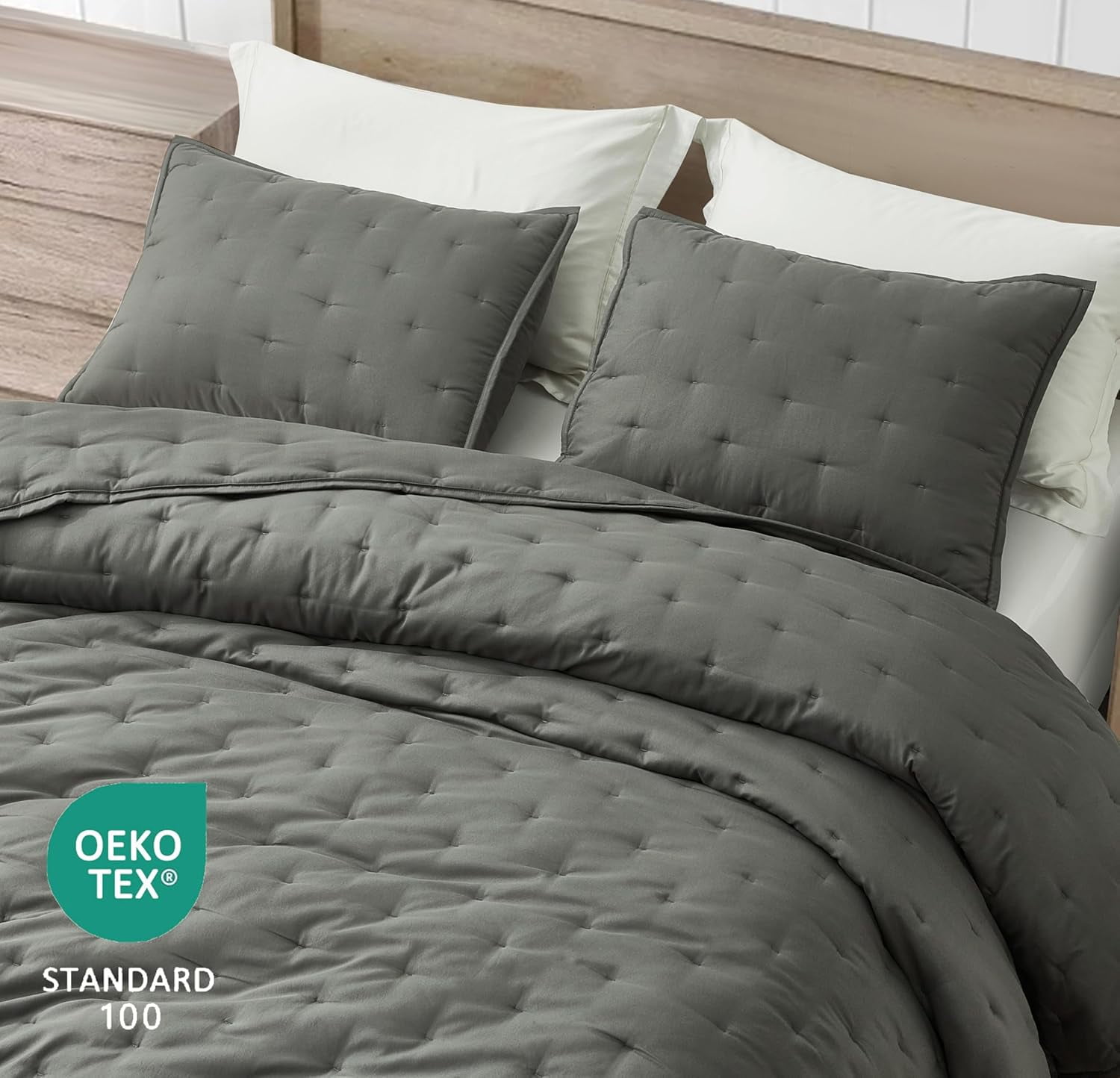 Chezmoi Collection Glen 3-Piece Crescent Stitched Quilt Set, Queen Size, Dark Gray, Rayon Derived from Bamboo & Polyester Blended, Soft Breathable Cooling Bedspread for Hot Sleepers