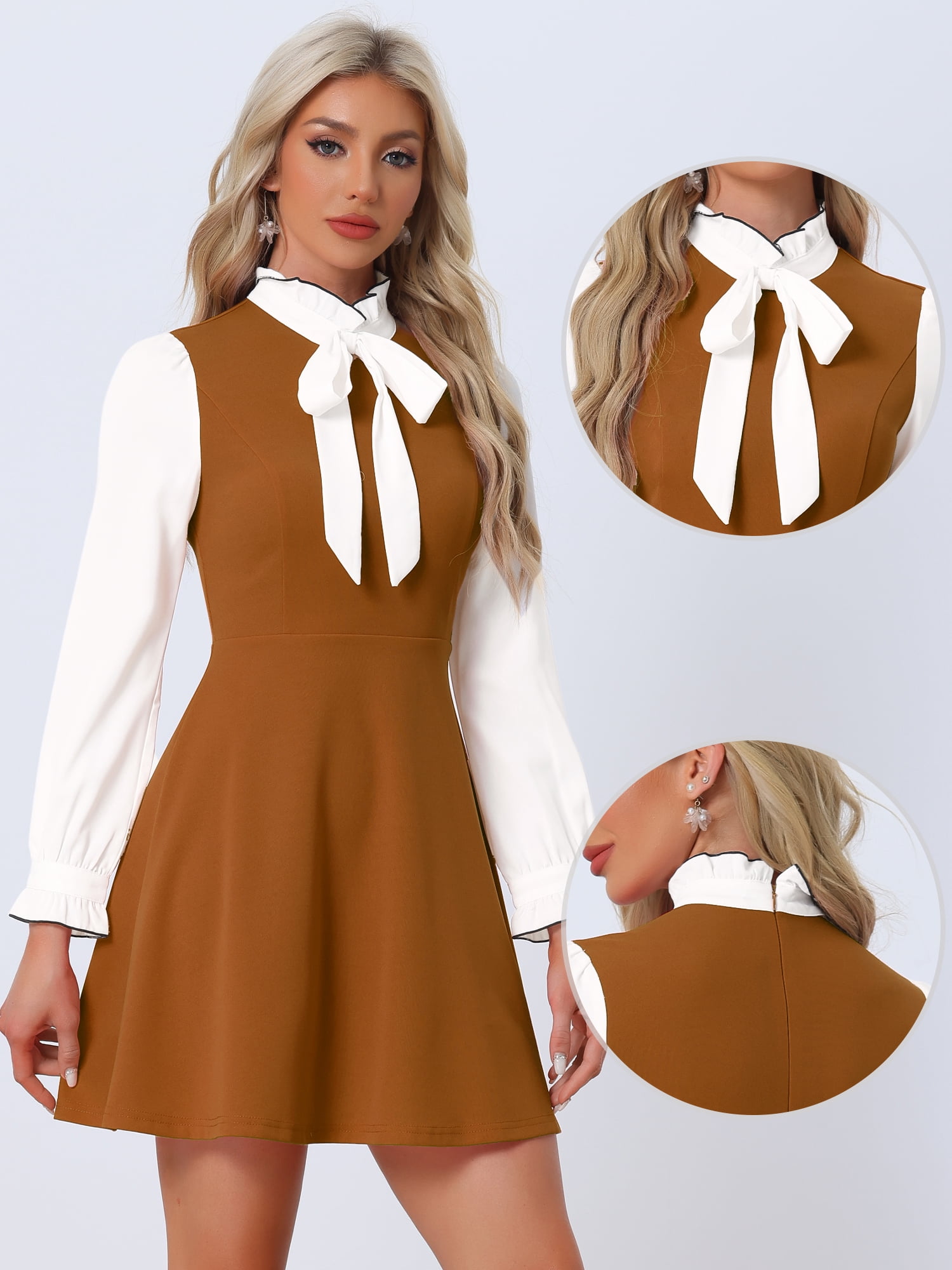 DARING DIVA Women's Tie Neck Vintage Long Sleeve Contrast Color Dress S Brown