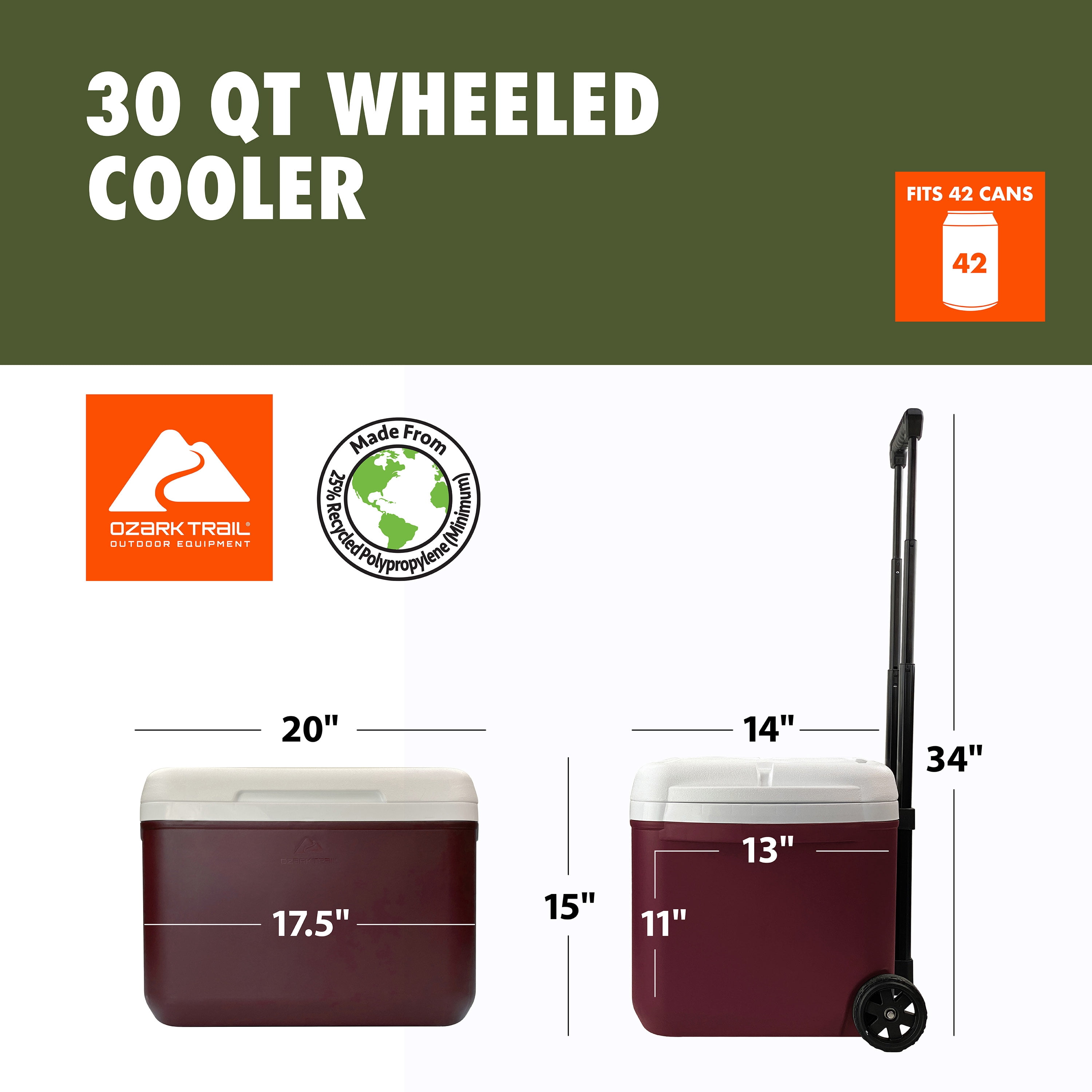 Ozark Trail 30 Quart Capacity Hard Side Wheeled Cooler, 42-Can, Maroon