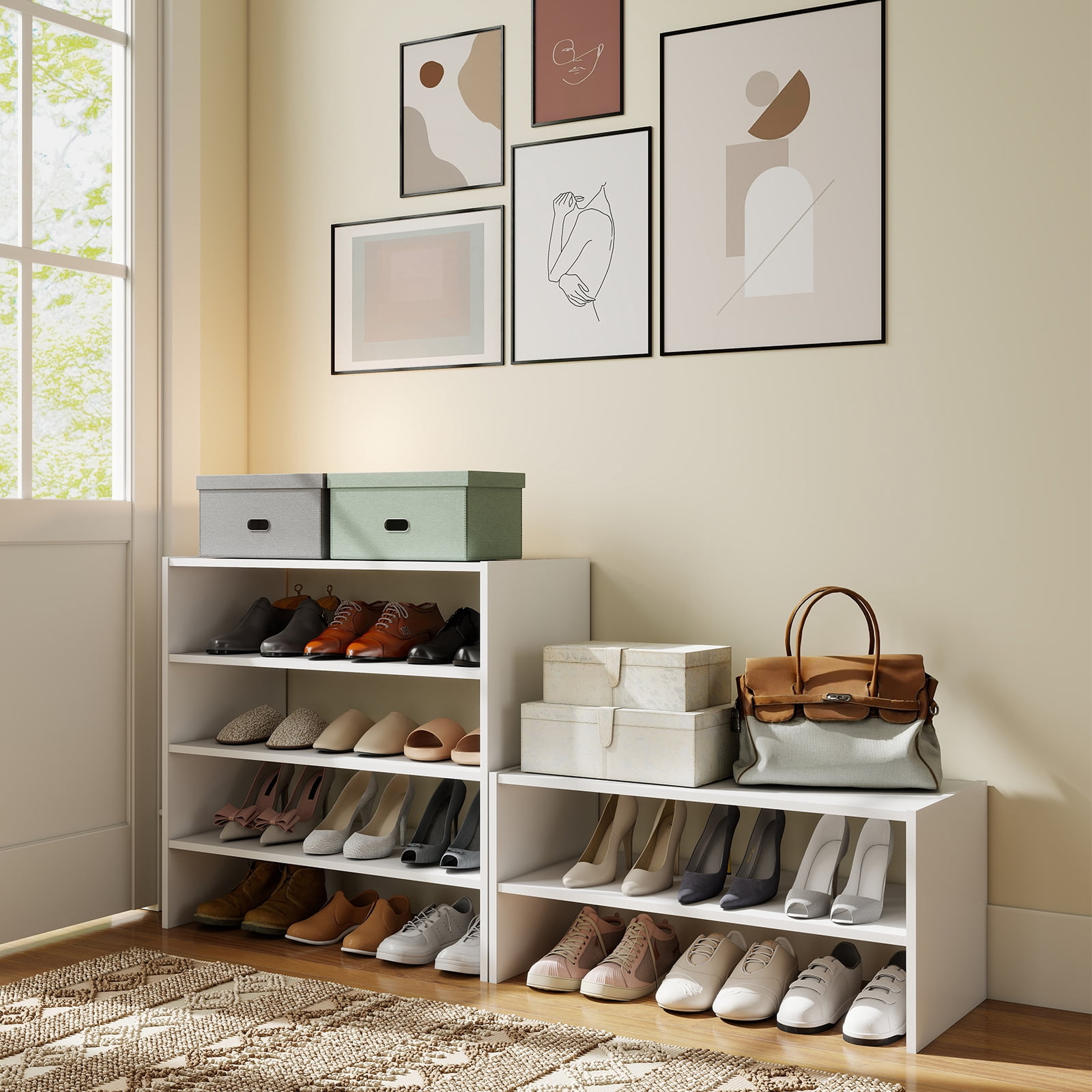 Prilinex 2-Tier Shoe Rack Organizer Set of 2, Stackable White Shoe Shelf, Wooden Freestanding Shoe Shelves for Closet, Entryway & Office, Holds Up to 12 Pairs