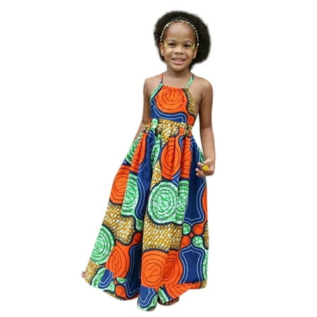 

GWAABD Girl Dresses Orange Polyester Kids Girls African Dashiki 3D Digital Print Suspenders Princess Dress 130