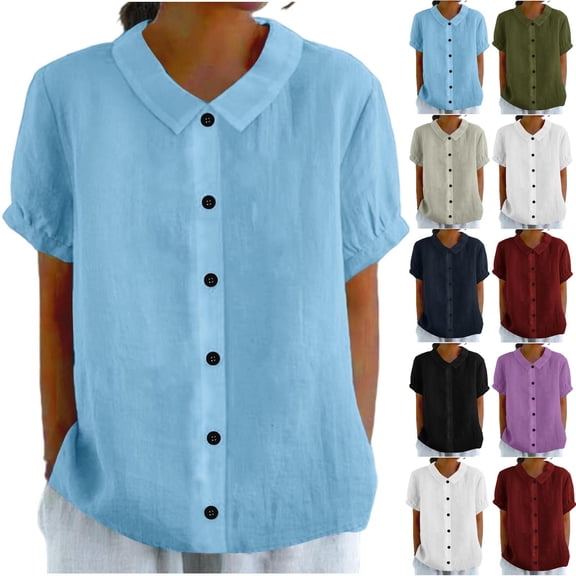 Sheghy Tops for Women 100%Cotton Linen Blend Collared Shirt, Solid Button Short Sleeve Casual Tunic Top Blouse