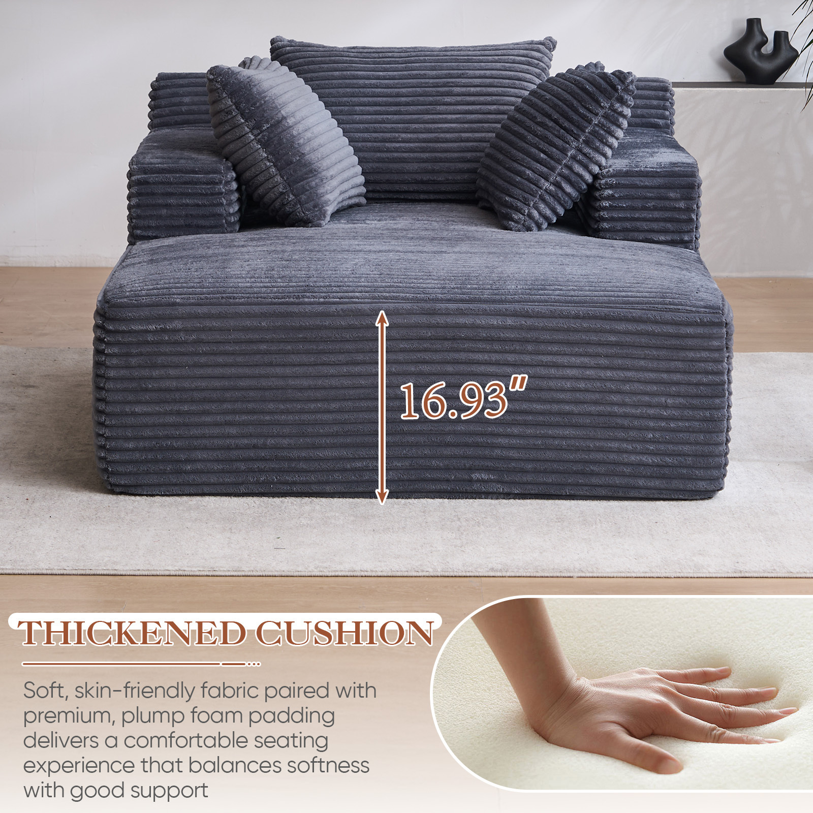 Lunale Chaise Lounge Indoor, Oversized Upholstered Lounge Chair, Plush Sleeper Sofa Bed, No Assembly Required, Gray Corduroy