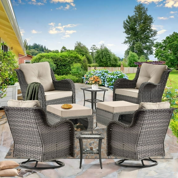 8 Piece Outdoor Patio Furniture Set Grey Wicker Patio Furniture-4 Wicker Swivel Rocker Patio Chairs with 2 Outdoor Ottoman& 2 Patio Side Table, All Weather Patio Furniture Set