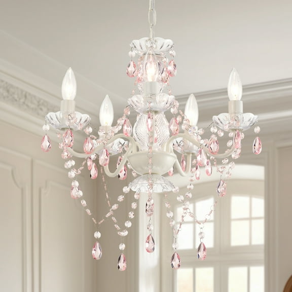 Small Crystal Chandelier 5-Light Pink and White Ceiling Fixture for Girls Bedroom, Nursery Dining Room