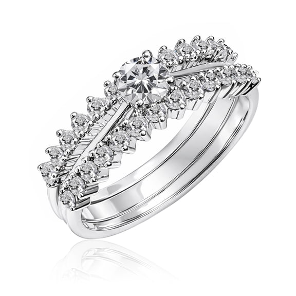JeenMata 1 Carat Lab Grown Diamond Round Cut Trio Wedding Set - Solitaire Engagement Rings Set with Double Band in 18K White Gold Plating for Women's Ring Jewelry