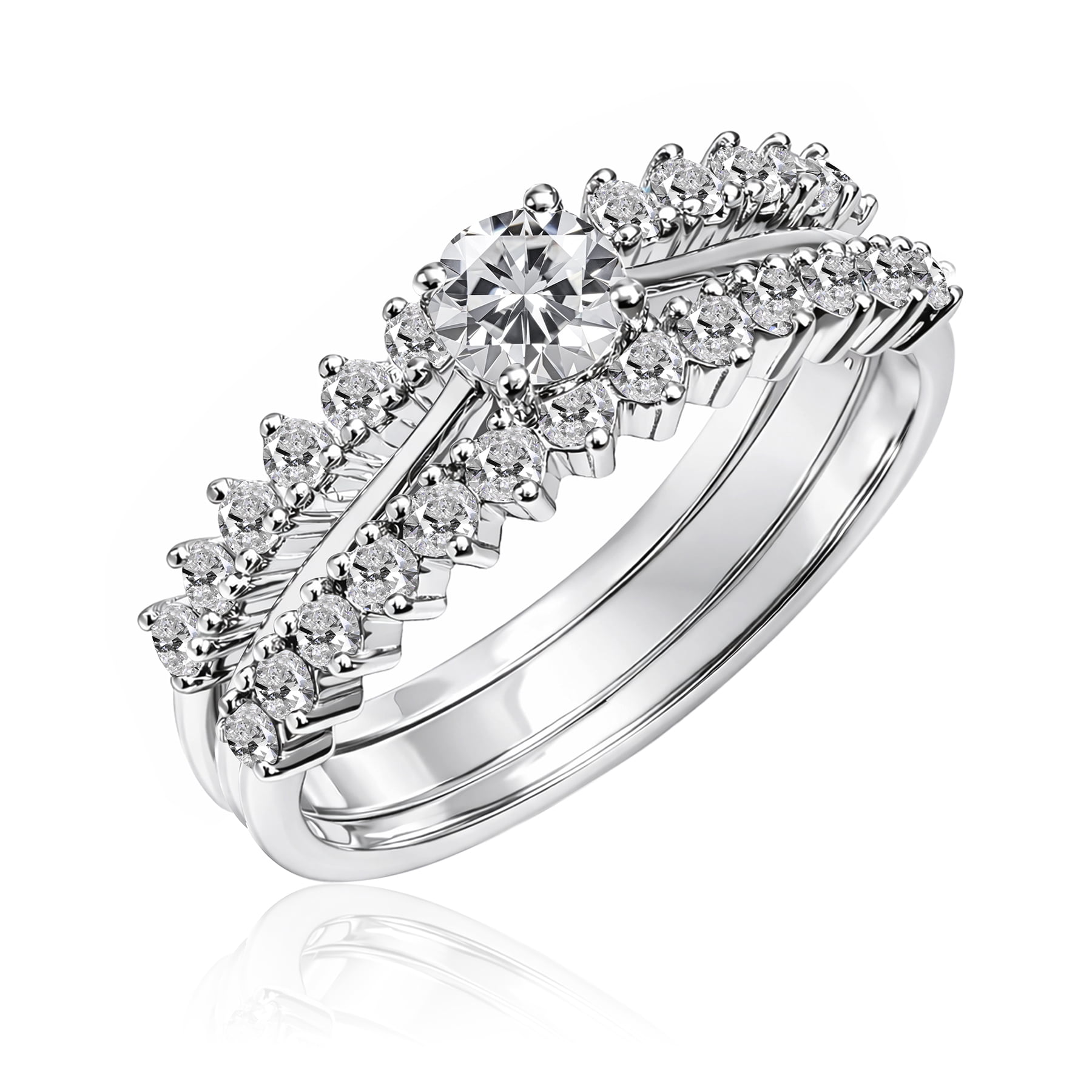 JeenMata 1 Carat Lab Grown Diamond Round Cut Trio Wedding Set - Solitaire Engagement Rings Set with Double Band in 18K White Gold Plating for Women's Ring Jewelry