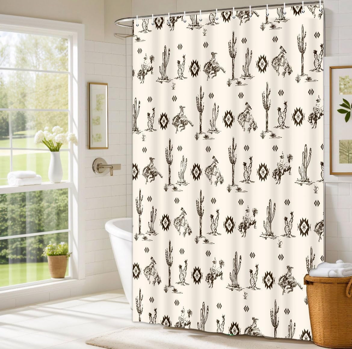 Western Cowboy Shower Curtain with Cactus Landscape, American Wild West Cowboy on Horse in Desert Bath Curtain Aztec Southwestern Theme Bathroom Decor Set with Hooks 70X70in