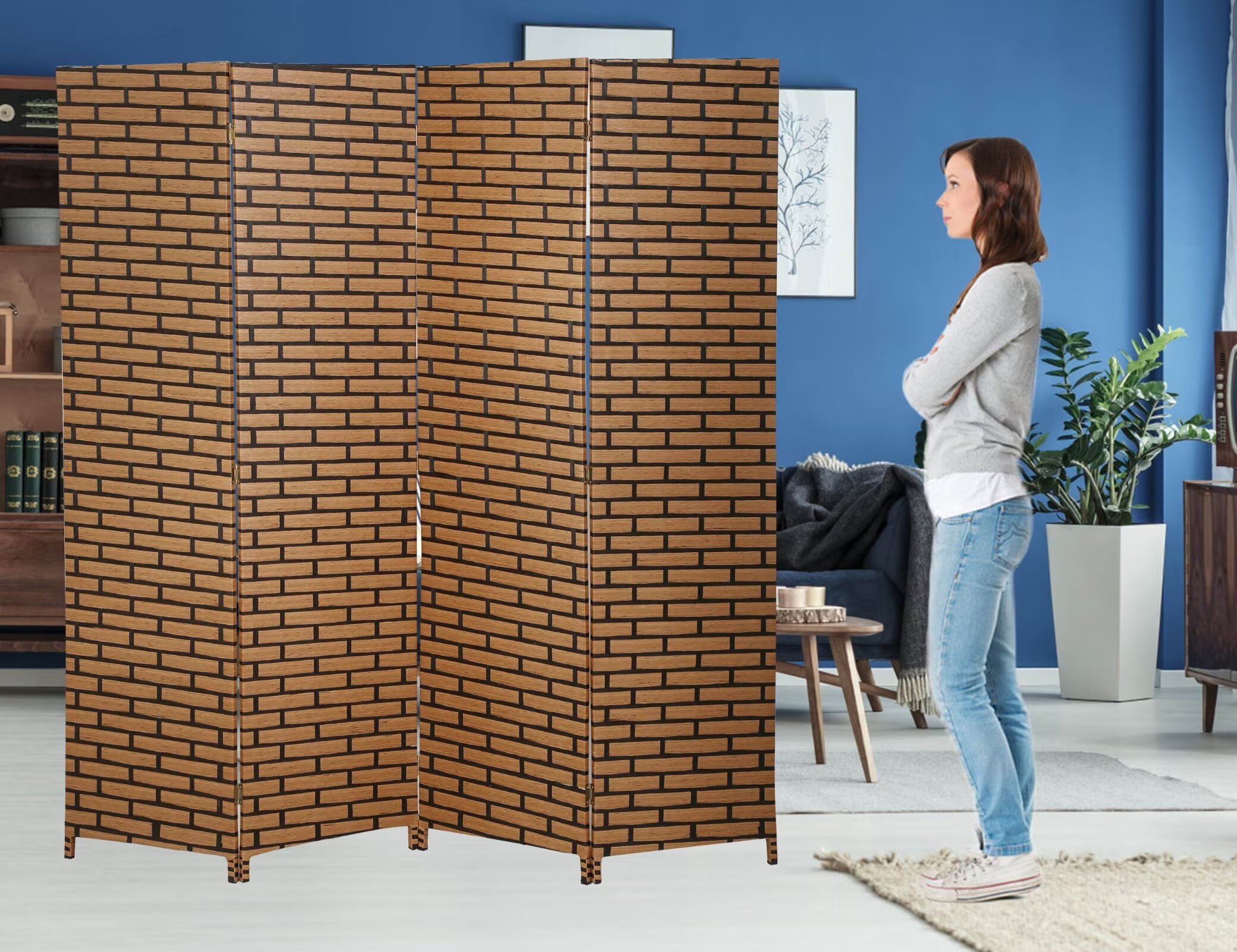 YRLLENSDAN,4 Panels,Room Divider Panel,Wall Divider for Room Separation,Privacy Screen Indoor,Foldable,Portable,Wooden,Independent Type,Brick