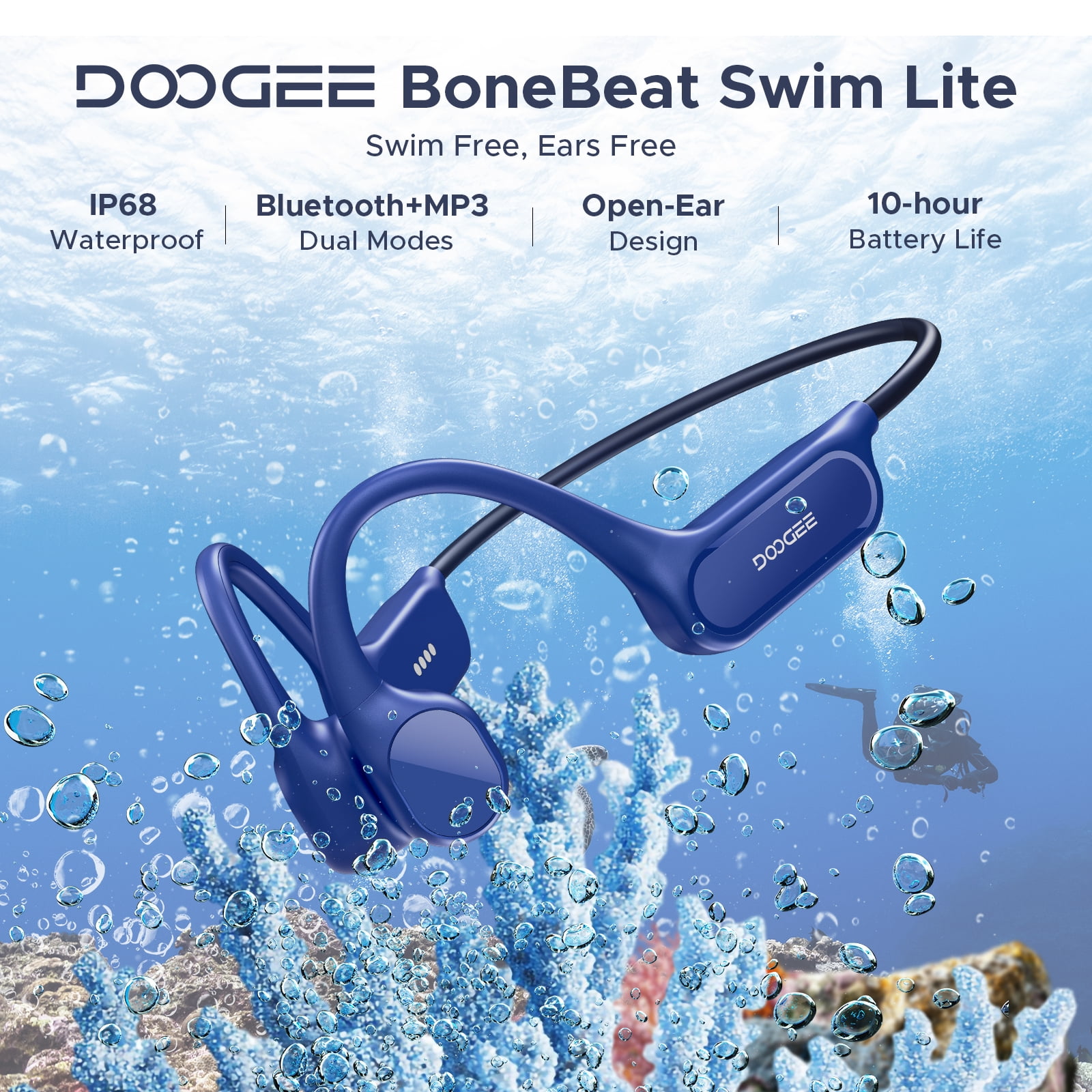 DOOGEE Bone Conduction Headphones, IP68 Waterproof Swimming Headphones with 32GB MP3 Player, Open Ear Bluetooth Headset for Running, Cycling & Sports