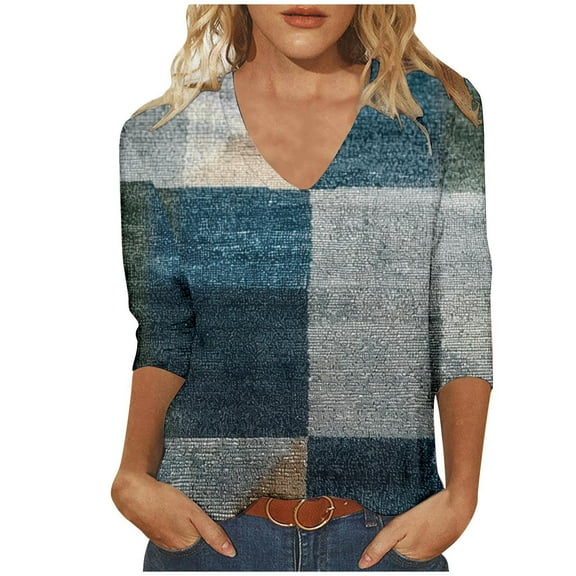 BangWanChi Long Sleeve Blouses for Women Casual Fashion Woman Casual V Neck Printing Blouse 3/4 Sleeve T-Shirt Summer Tops