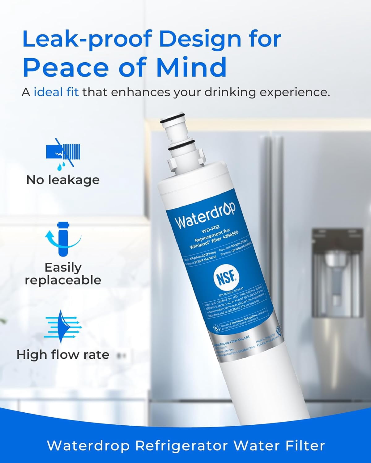 Waterdrop 4396508 Replacement for Whirlpool 4396508 4396510, EDR5RXD1, NLC240V, PNL240V, Everydrop Filter 5 Refrigerator Water Filter, 6 Pack