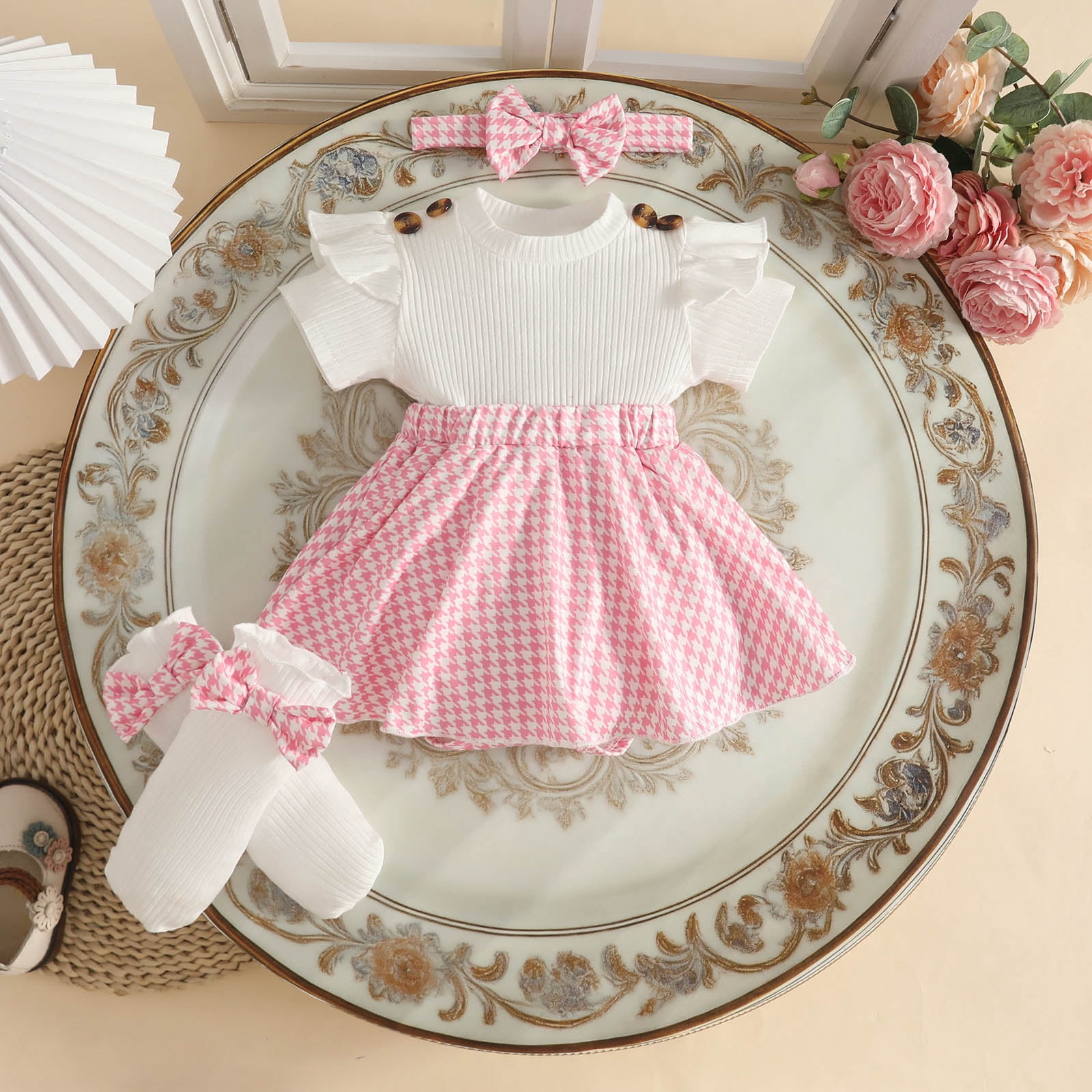 Faraee Newborn Baby Girl Clothes Smocked Bubble Romper Dress Socks Headband Cute Summer Infant Girls 3 Piece Outfits (9-12 Months,Pink)