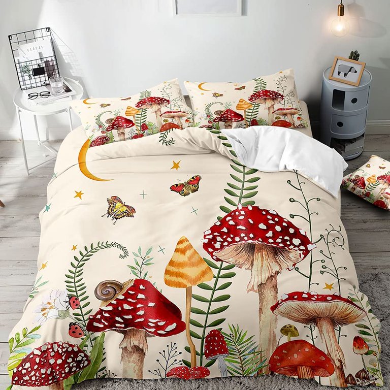 2PCS Trippy Mushroom Bedding Set Twin Duvet Cover Black Bedding