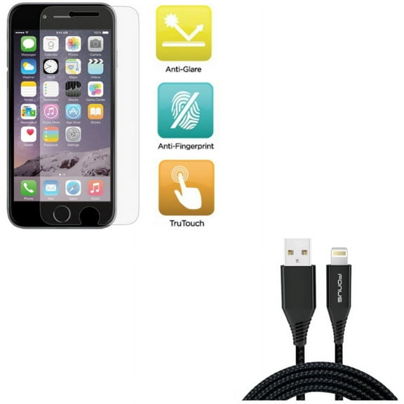 iPhone 8/7/6S/6 - Film TPU Screen Protector w Charger Cord 10ft USB Cable - Anti-Glare Anti-Fingerprint Matte, Power Wire Braided Long Sync for iPhone 8/7/6S/6