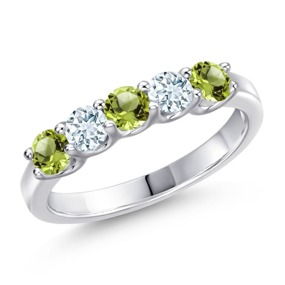Gem Stone King 925 Sterling Silver Green Peridot and Sky Blue Aquamarine Wedding-Bands Ring for Women | 0.96 Cttw | Round 3.5MM | Gemstone August Birthstone | Size 8